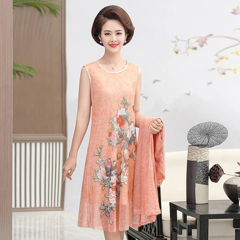 Elegant Dresses Women NEW Summer Casual Retro Temperament printing two Piece Set Dress Mother Dress plus Size