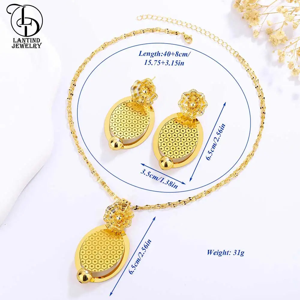 As00049 Dubai Jewelry 24K Gold-Plated Geometric Oval Mesh Pattern Necklace Round Ball Middle Eastern Elegant Ladies Flower Earrings Fashionable Two-Piece Wedding Set