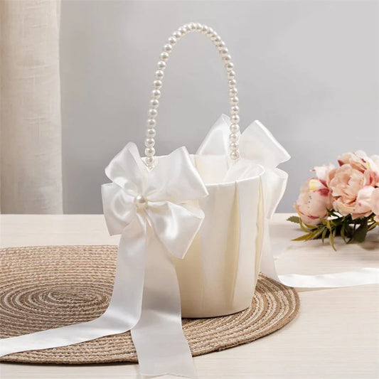 White Girls Flower Basket Silk Wedding Basket Flower Bride Girls Kids Hand Held Wedding Party Wedding  Bridal Flower Basket