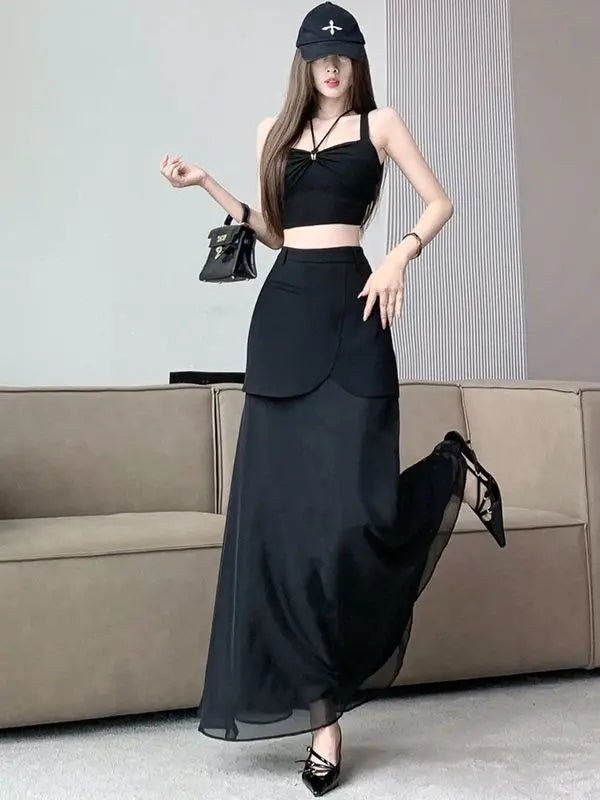 Fashion Skirts for Women All-match Black Cool Girls Summer High Waist Casual Ankle-length Loose A-line Patchwork New Fake 2 Pcs