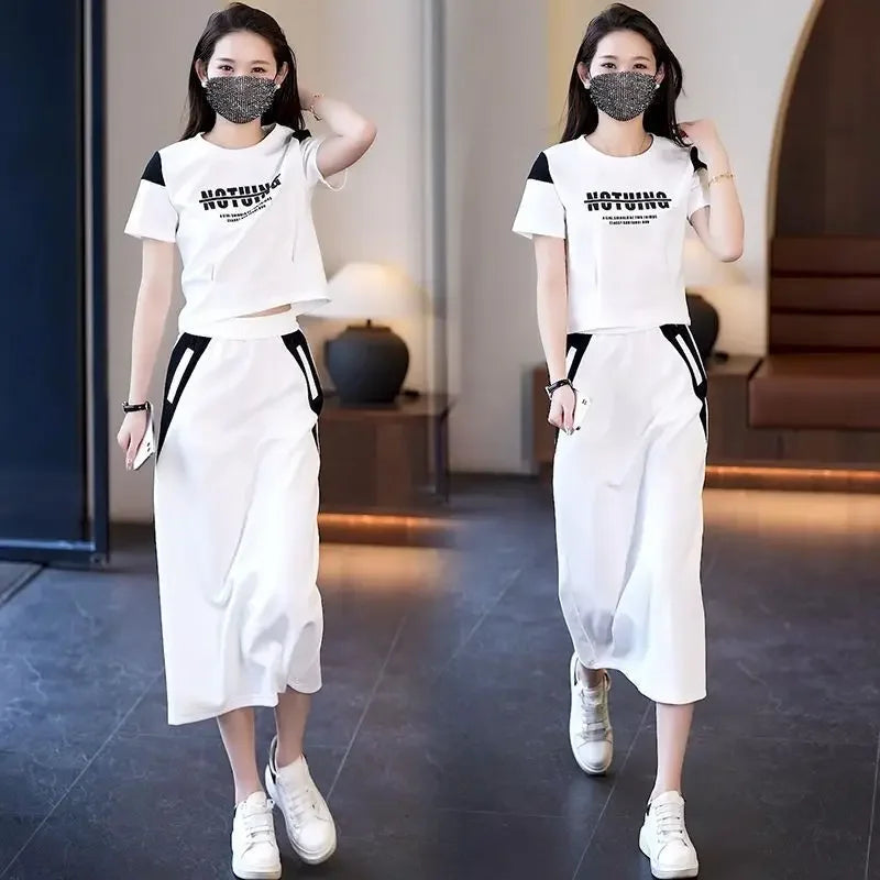 Women's Two Piece Set Short Sleeve Lightly Cooked Slit Skirt Luxury Designer Clothing Y2k Clothes Top and Bottom Female Outfits