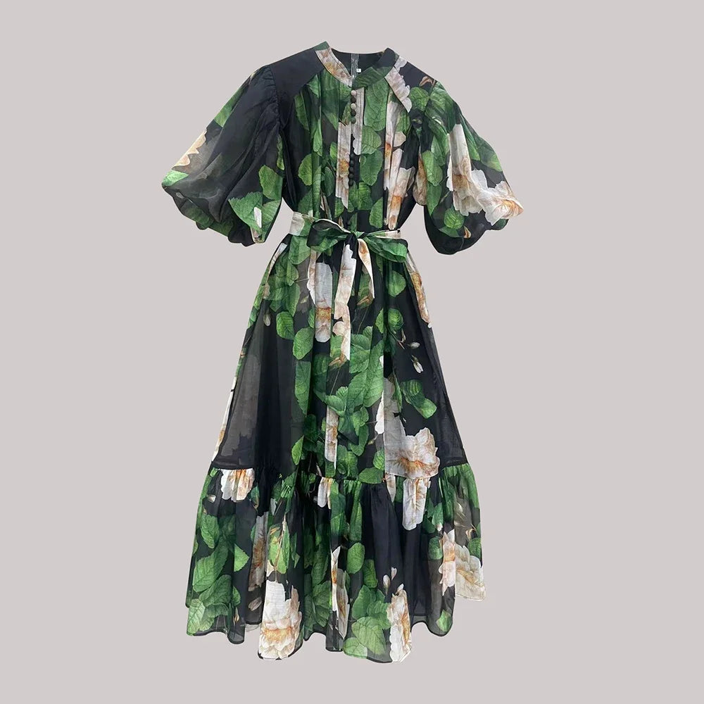 TWOTWINSTYLE Hit Color Spliced Printing Midi Dresses for Women Round Neck Short Sleeves Patchwork Lace Up Elegant Dress Female