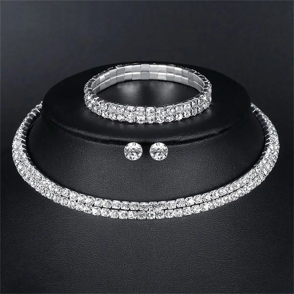 Wedding Dress Crystal Jewelry Set Shiny Banquet Ladies Rhinestone Necklace Earrings Bride Jewelry Gifts