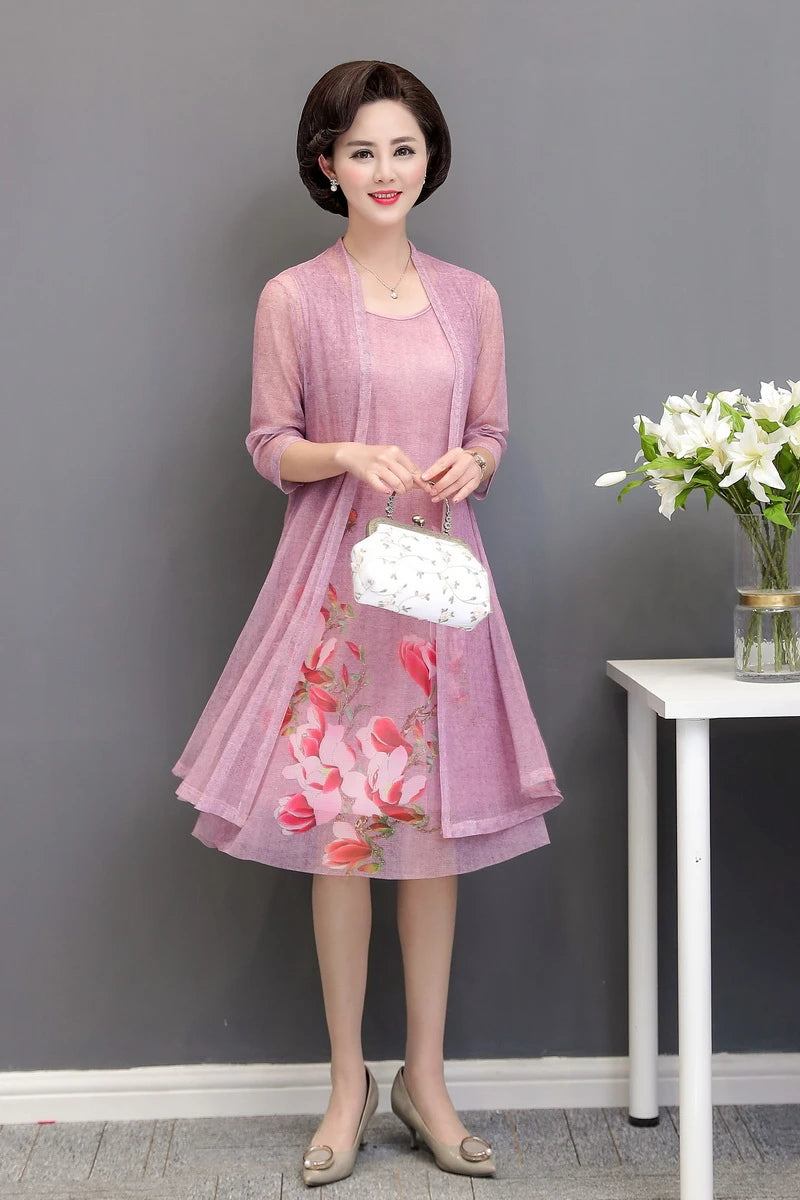 Elegant Dresses Women NEW Summer Casual Retro Temperament printing two Piece Set Dress Mother Dress plus Size