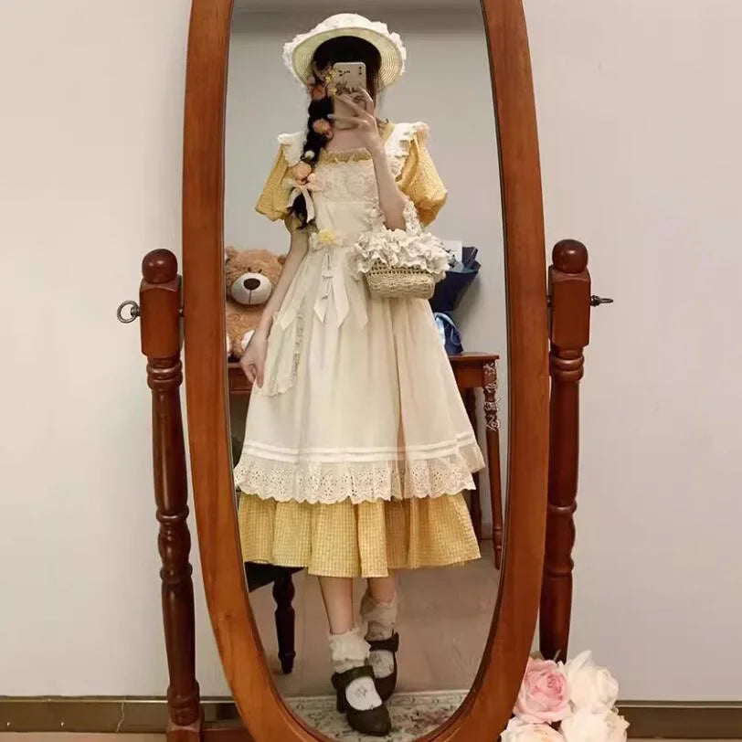 2025Spring NEW Two-piece Dress Suit French Sweet Pastoral Style Slim Square Collar Yellow Plaid Dress Women + Ruffles OuterDress
