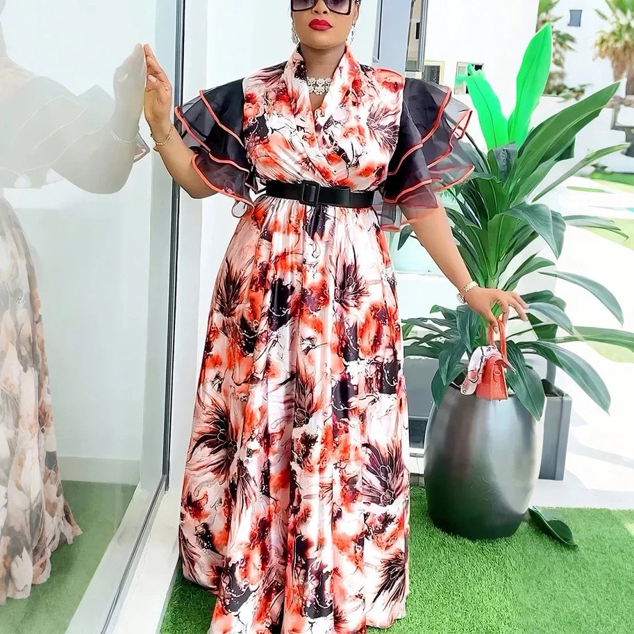 Elegant Printed Dresses for Woman V Neck Ruffles Sleeve Belt Waisted Ankle Length Luxury Birthday Party Dinner Vestidos Mujer