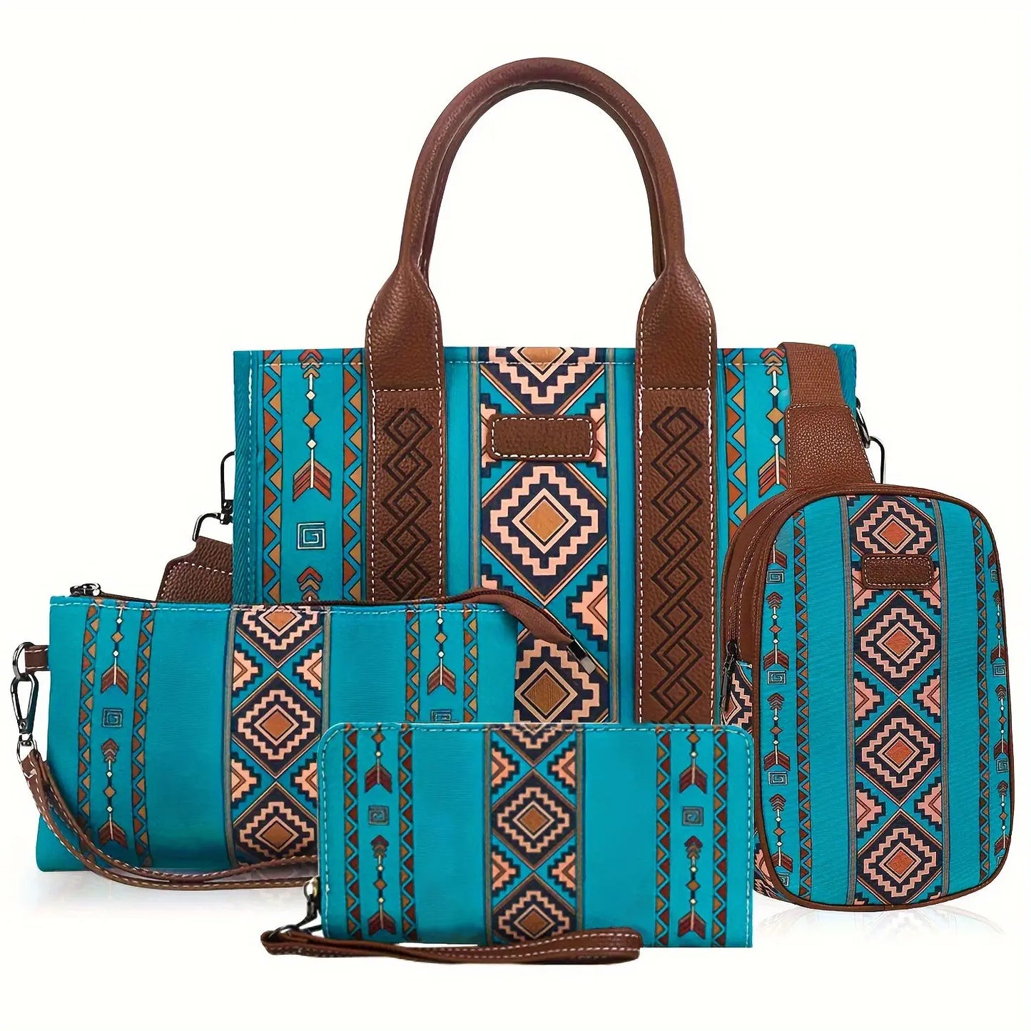 4pcs Lightweight Retro Work Satchel Tote Boho Chic Green Handbags for Women Everyday Use Purse