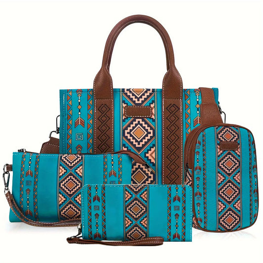 4pcs Lightweight Retro Work Satchel Tote Boho Chic Green Handbags for Women Everyday Use Purse
