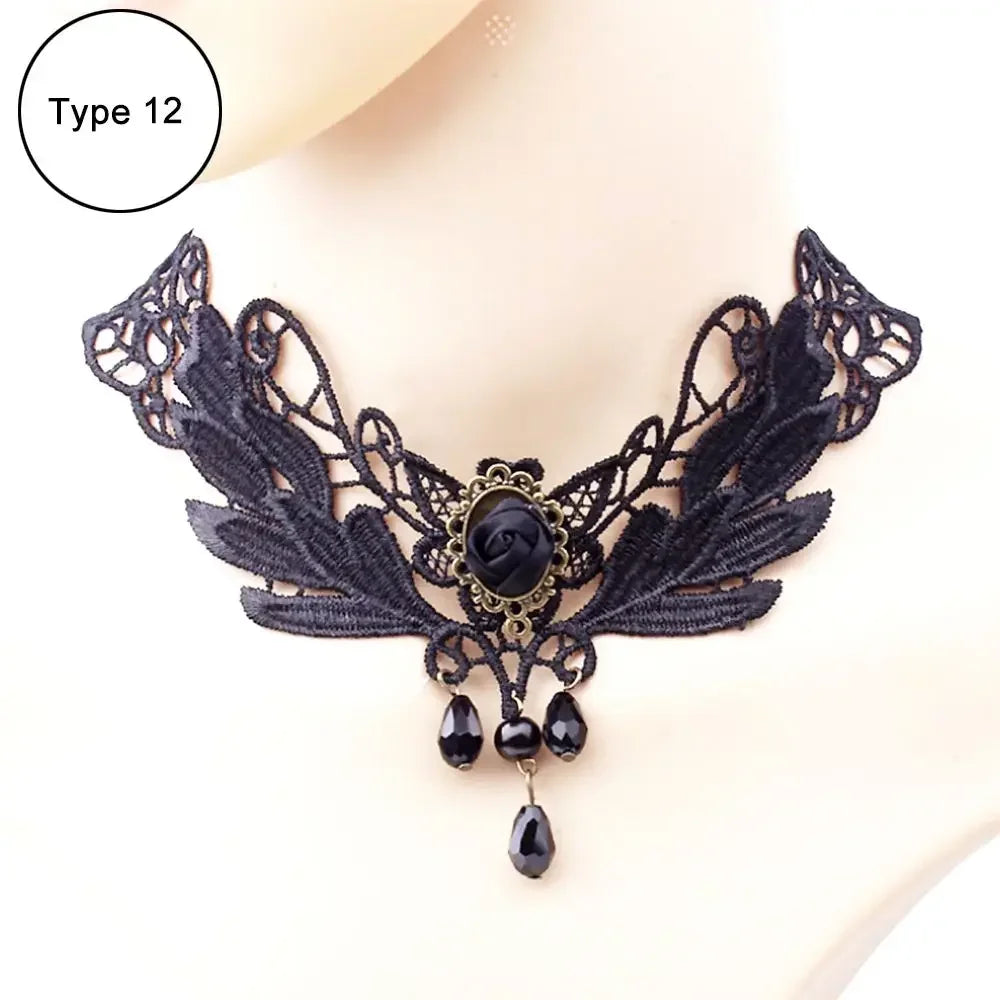 Sexy Black Lace Necklace Vintage Gothic Necklace Steampunk Style Beads Pendant Exquisite Women Choker Fashion Jewelry