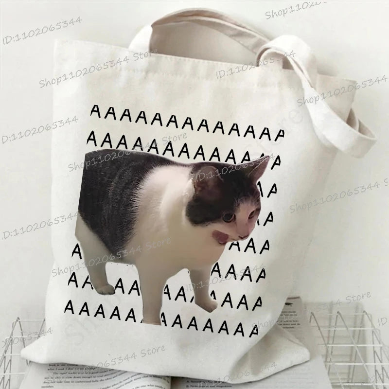 Women's Handbags Meme Cat Funny Canvas Shopping Bags Cartoon Animal Shoulder Bag Folding Reusable Tote Bags For Women Men
