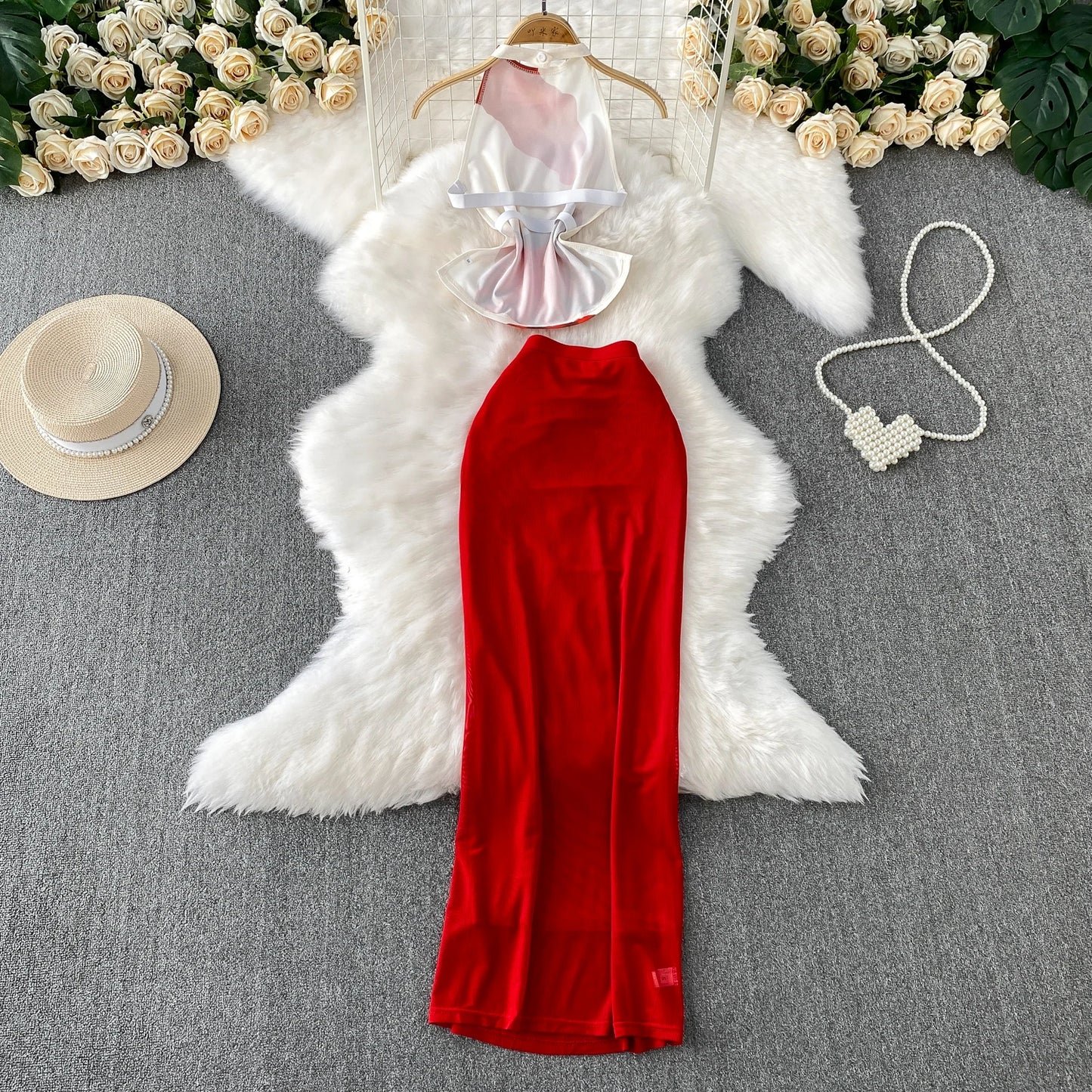 Sexy Elegant backless print Slim Slip Dress Casual Beach Party  Vintage Women Summer  Fashion Clothing Two Piece Set