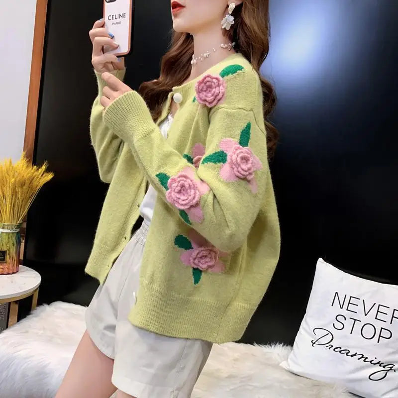 Sweater Female 2023 Spring and Autumn Knitwear Women Heavy Industry Rose Blossom Embroidery Contrast Sweater Coat Cardigan