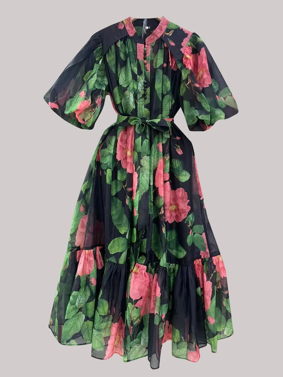 TWOTWINSTYLE Hit Color Spliced Printing Midi Dresses for Women Round Neck Short Sleeves Patchwork Lace Up Elegant Dress Female