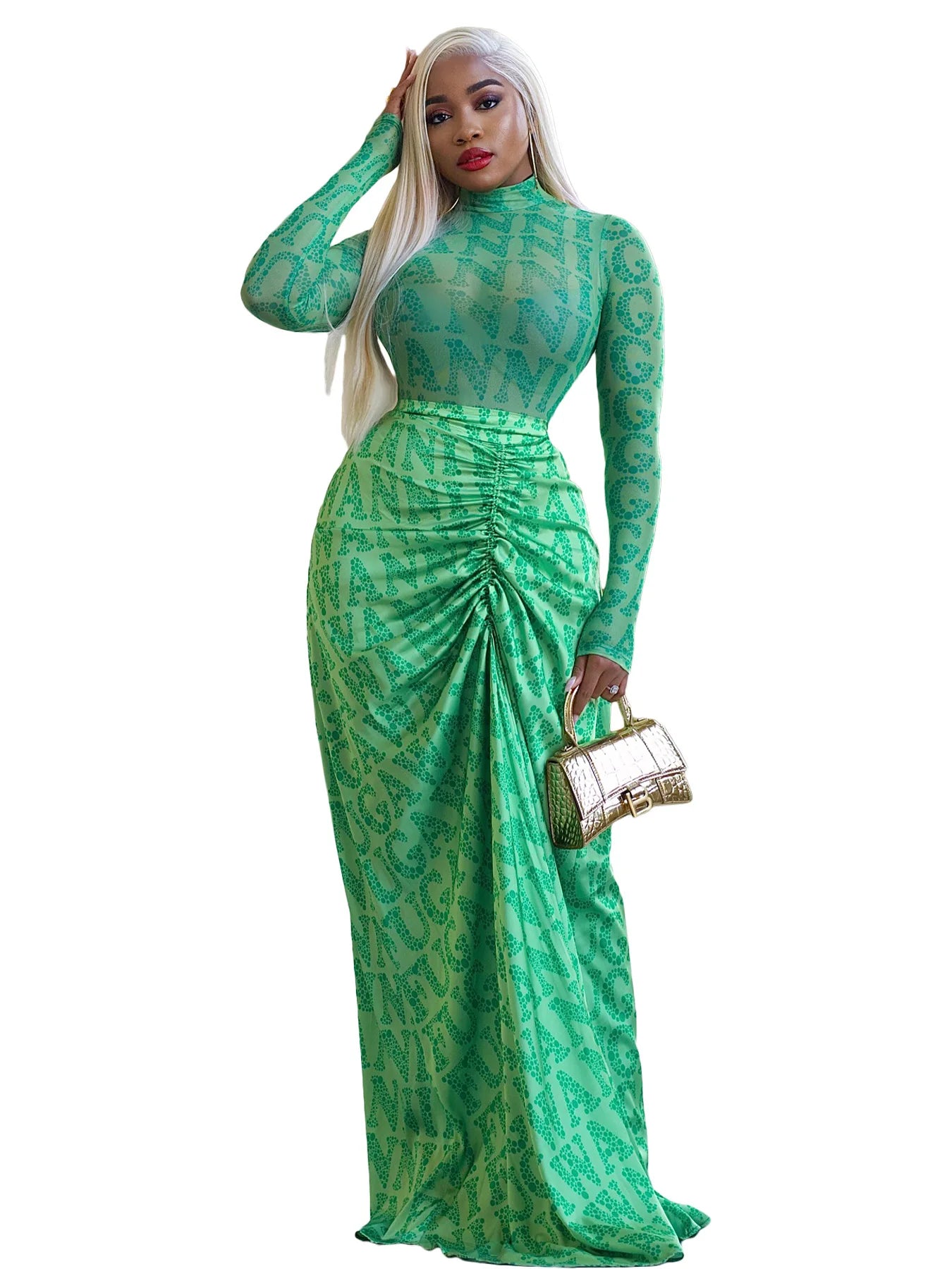Two Piece Sets Women Skirt Set Print Matching Sets Slim Dress Sets Bodycon Top Floor Length Skirts Casual Pleated Elegant Spring