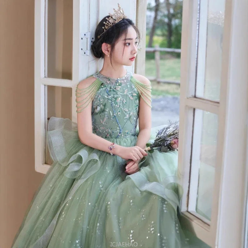 Teen Girl Clothes Green Girls Princess Dress Kids Pageant Host Gown Birthday Party Outfit PianoFormal Wear Recital Performance