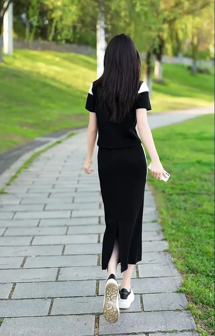 Women's Two Piece Set Short Sleeve Lightly Cooked Slit Skirt Luxury Designer Clothing Y2k Clothes Top and Bottom Female Outfits
