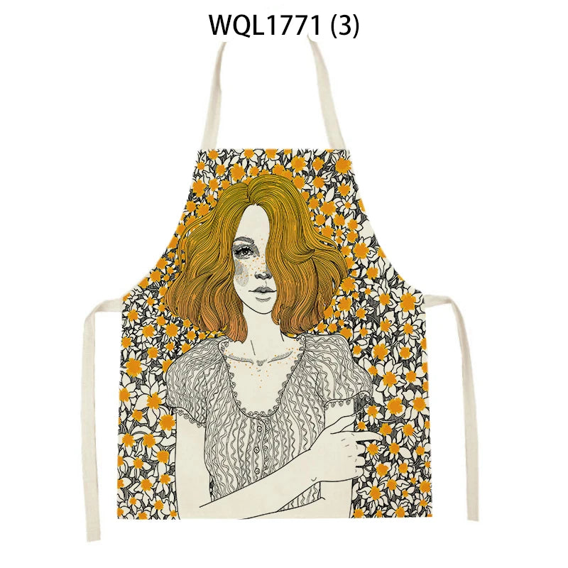 Kitchen Apron Modern Girl Plants Pattern Linen Aprons for Women Men Household Cleaning Apron Cooking Baking Accessories