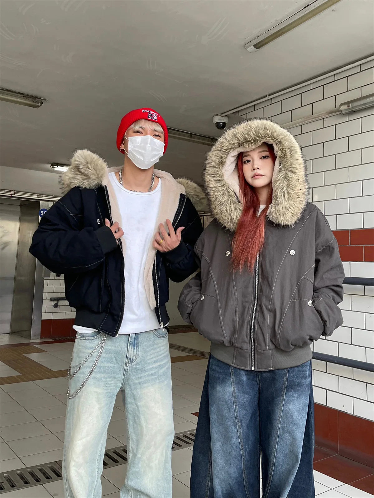 Winter Jackets Fur Collar Parkas Women Vintage Thicken Fleece Warm Jackets Streetwear Harajuku Hip Hop Padded Jackets Outwear