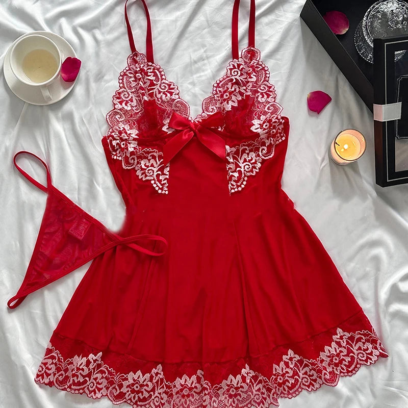 Nightdress And Panty Pijamas Sets Women Underwear Lace See Through Sleepwear Sexy Lingerie Drees Female Sexy Nightwear For Night