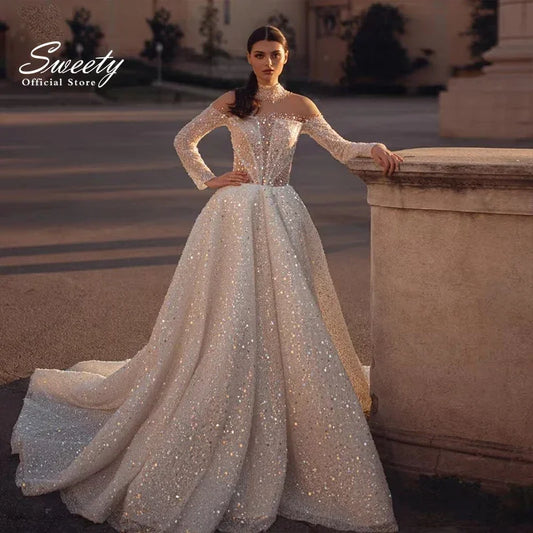 Fully Beaded Wedding Dress Lace With Embroidered A-Line Ball Gown High-Neck Full Sleeve Bridal Dress  Button Vestido De Novia
