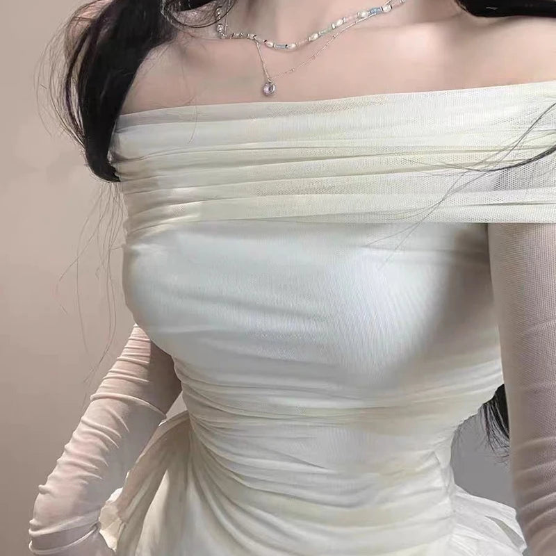 Skirts Sets Women Summer Slim Solid Irregular Skew Collar Ladies Long Sleeve T Shirt Fashion Chic Sweet Ruffles Ball Gown New