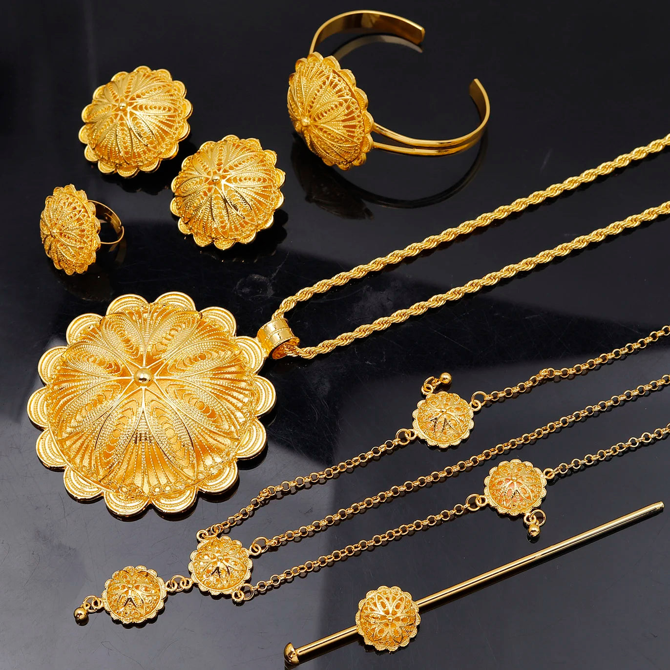 Middle East Jewelry for Women Eritrea Ethiopian Africa Bridal Wedding Pendant Necklaces Earring Ring Bracelet Head Chain Hairpin