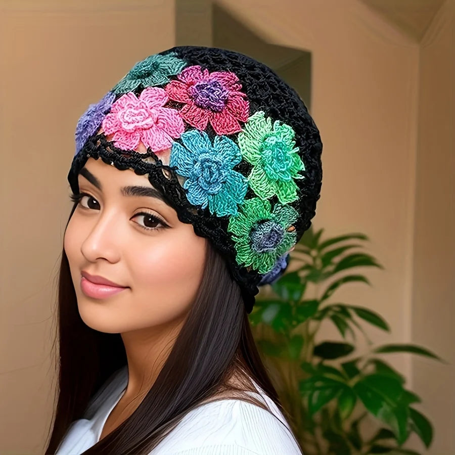 Women's Bohemian Floral Hat - Lightweight Elastic Stretch Fit, Handmade Crochet Design with Multicolor Flowers Breathable Summer