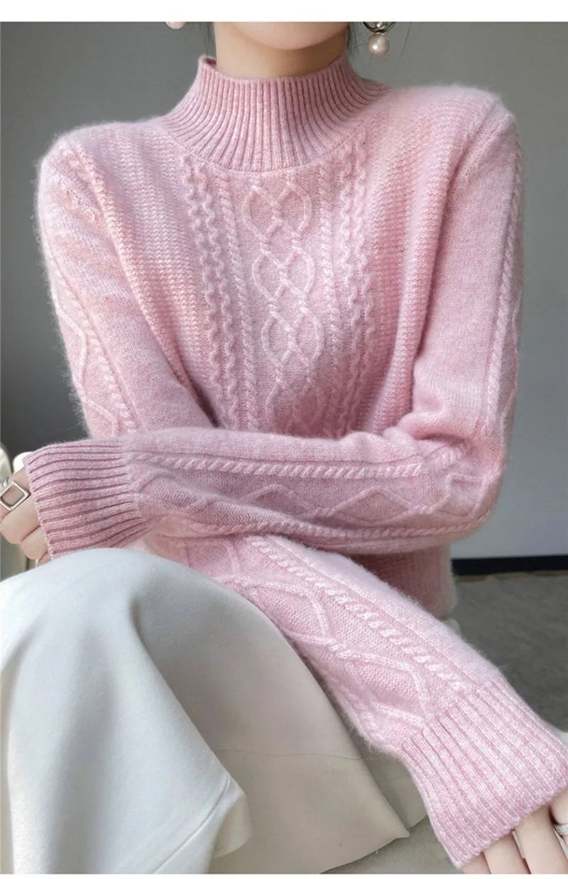 Women's Sweater Spring Autumn Outside Wear Pullovers Half High Collar Knitwear Fashion Long Sleeve Pull Femme Sueter Tops