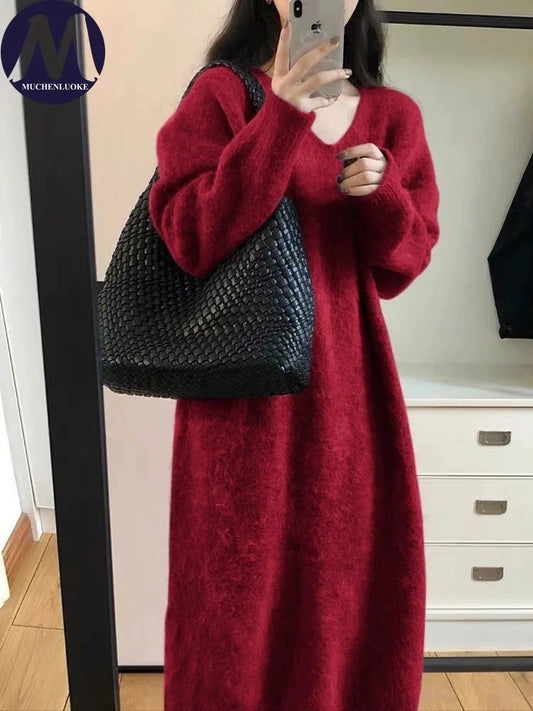 Sweater for Woman Autumn Winter Lazy Style V Neck Knitted Dresses Korean Fashion Casual Loose Thickened Warmth Sweaters Dress
