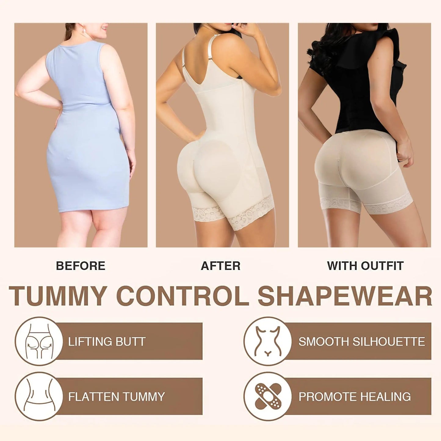 Women's  A Comfy Shaping Jumpsuit Flatten Abdomen Waist and Hips Zip Front Closure Shapewear Firm Tummy Compression Butt Lifter