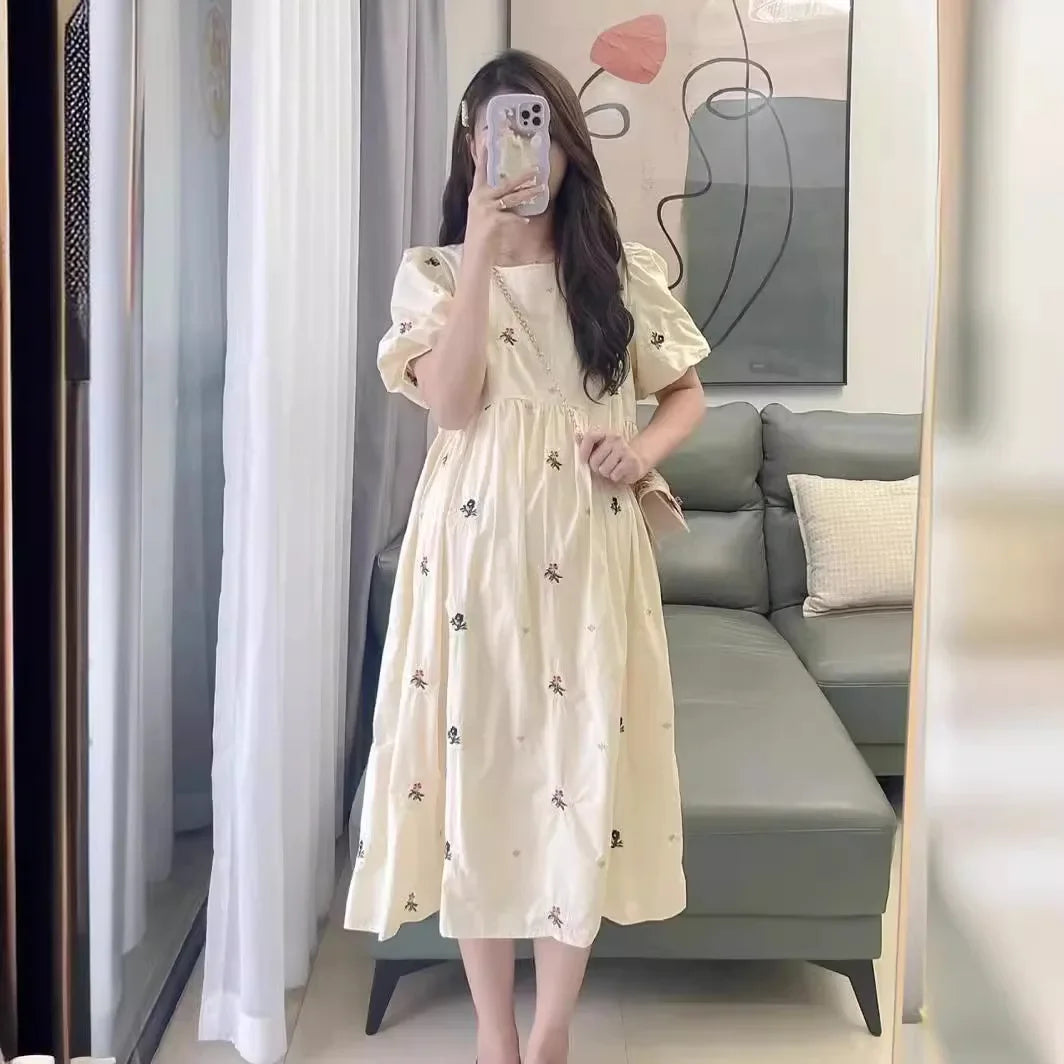 Maternity Chiffon Floral Dress Summer Sweet Ruffled Collar Fashion Printing Pregnant Women Dress Elegant Clothes