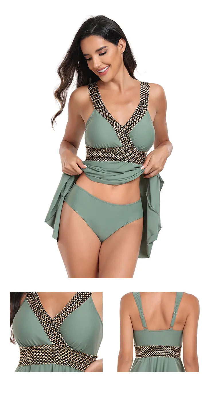 2025 Women Two Piece Swim Dress Wire Straped Swimsuit Padded Swimwear Female Tankini Solid Bather Bathing Suit Summer Beachwear