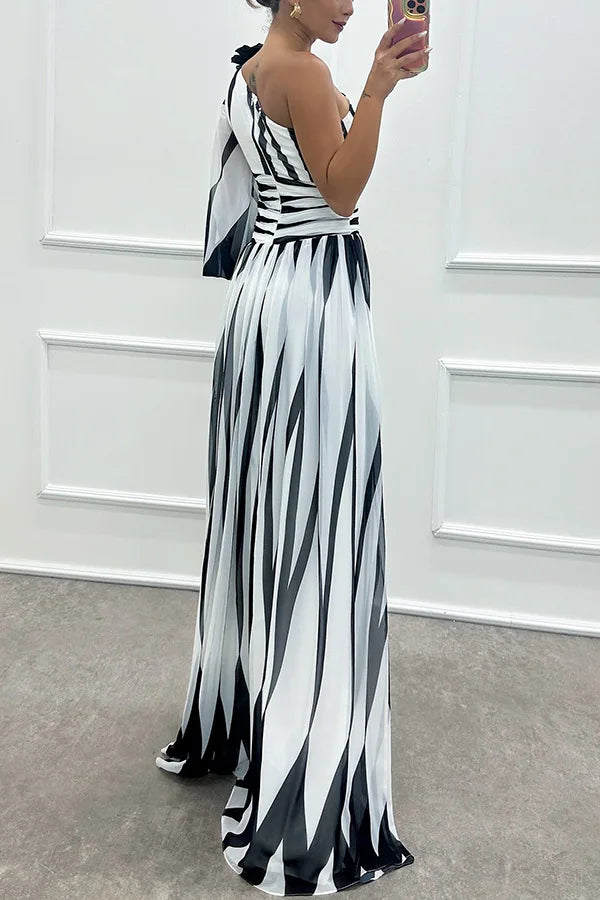 Dress Long Dress 2024 Spring and Autumn New Temperament Fashion Printed Slant Shoulder Split Dress INS Casual Loose Party Dress