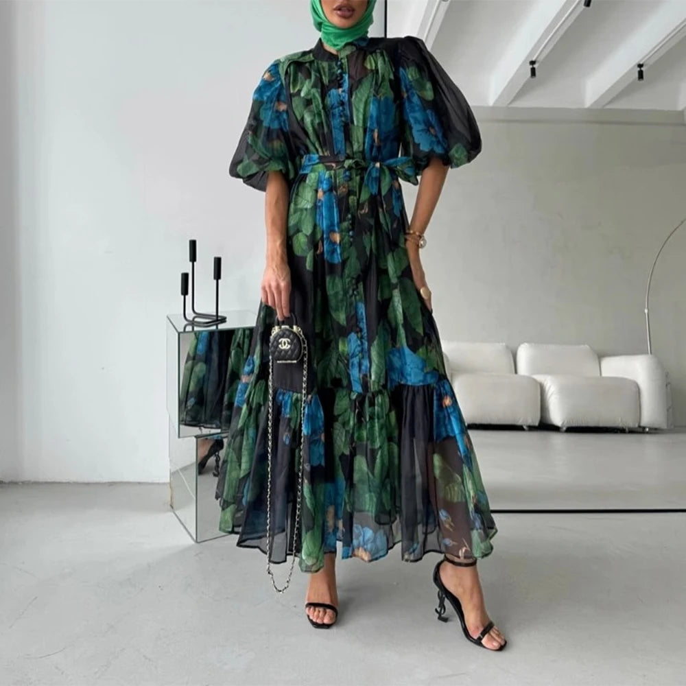 TWOTWINSTYLE Hit Color Spliced Printing Midi Dresses for Women Round Neck Short Sleeves Patchwork Lace Up Elegant Dress Female