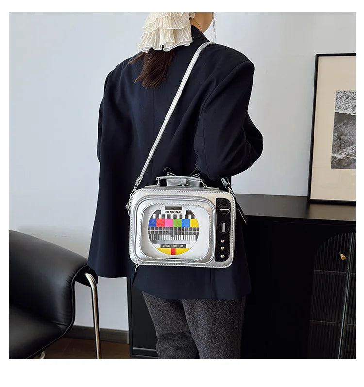 Cartoon Cute Handbags for Women Funny Retro TV Transparent Square Bag Fashion Leather Personalized Creative Shoulder Bag Woman