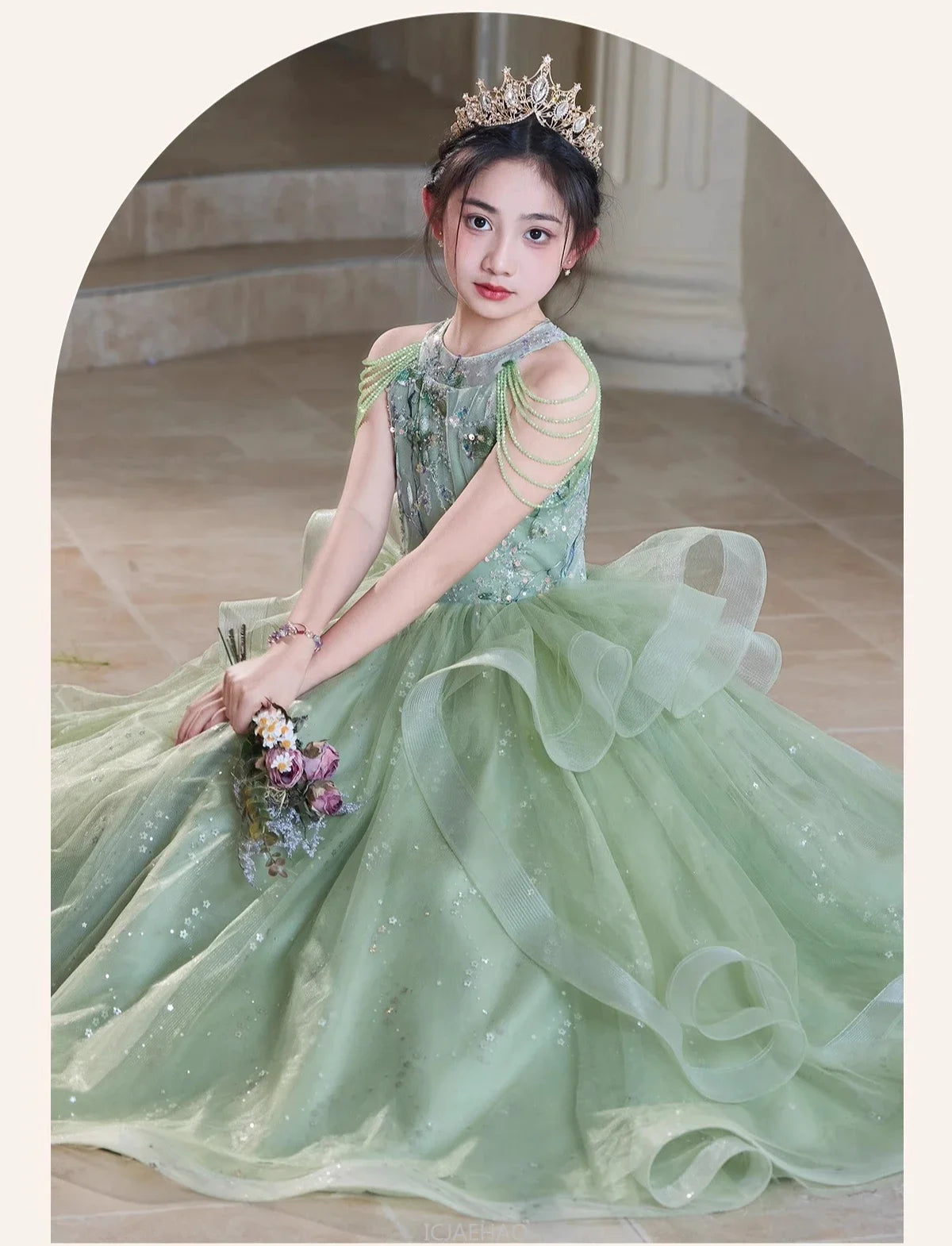 Teen Girl Clothes Green Girls Princess Dress Kids Pageant Host Gown Birthday Party Outfit PianoFormal Wear Recital Performance