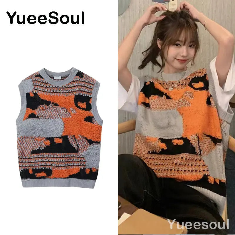 Sweet Kawaii Sweater Vest Printed Sleeveless Casual Outerwear Knitted Waistcoat 2023 Vintage Y2K Spring  E Girl Pullovers Tops