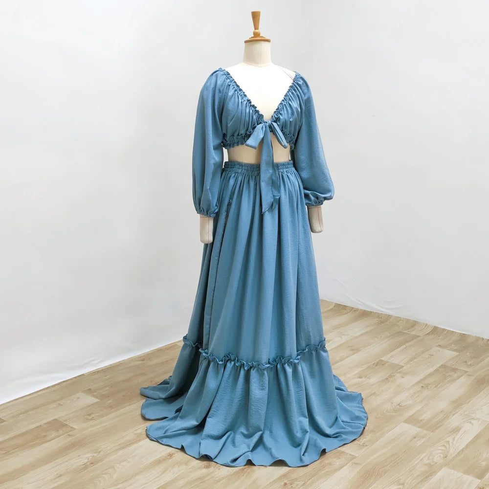Maternity Photography Dresses Soft Cotton-Like Dress V-neck Tie Up Top A-line Skirt Two-Piece Set Clothes For Pregnant W