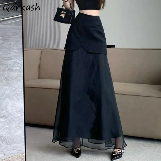 Fashion Skirts for Women All-match Black Cool Girls Summer High Waist Casual Ankle-length Loose A-line Patchwork New Fake 2 Pcs