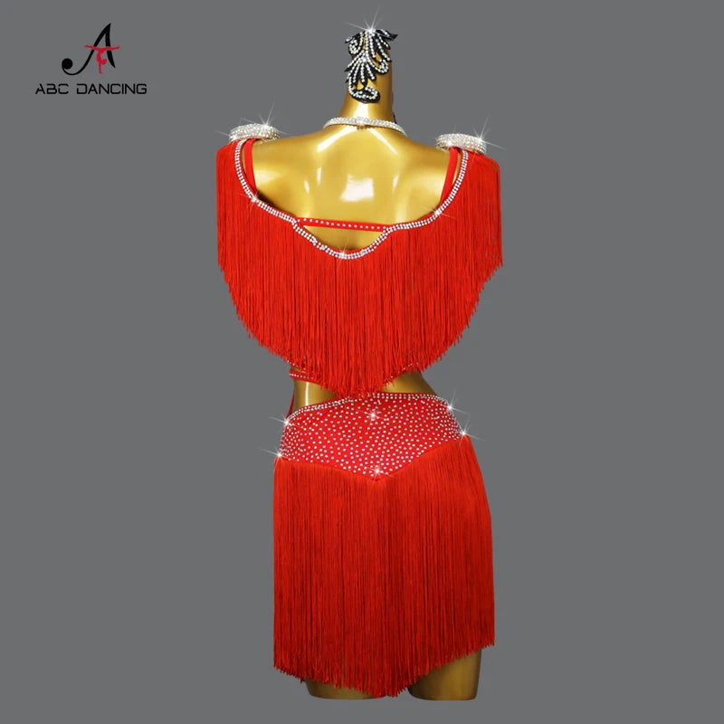 Red Latin Dance Fringed Dresses Sexy Womens Competition Costume Adult Female Party Clothes Cabaret Practice Wear Girl Stage Suit