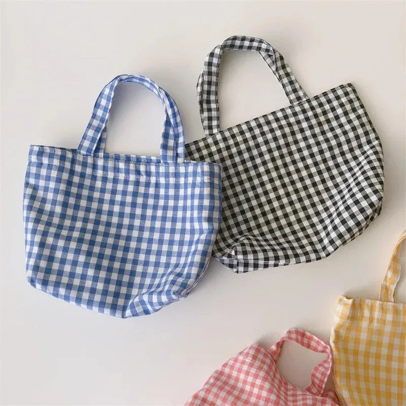 Portable Women's Bento Handbags Simple Plaid Ladies Small Tote Purse Shoulder Bags Retro Female Cloth Reusable Shopping Bag