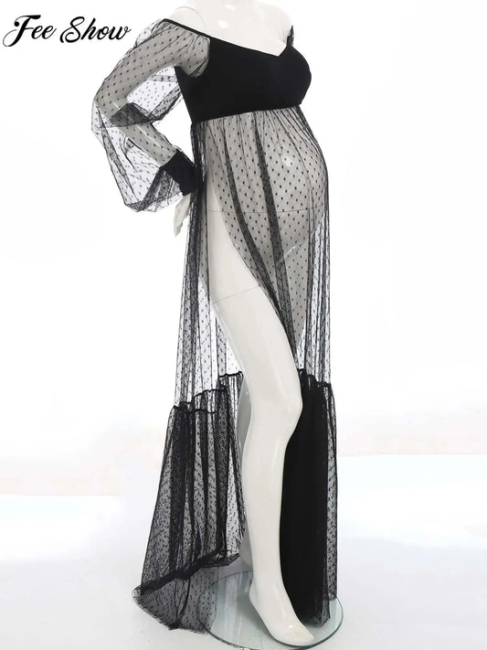 Maternity Pregnancy Photography Dress Bubble Sleeve Off-shoulder Polka Dots Sheer Mesh Split Maxi Gown for Party Sleepwear