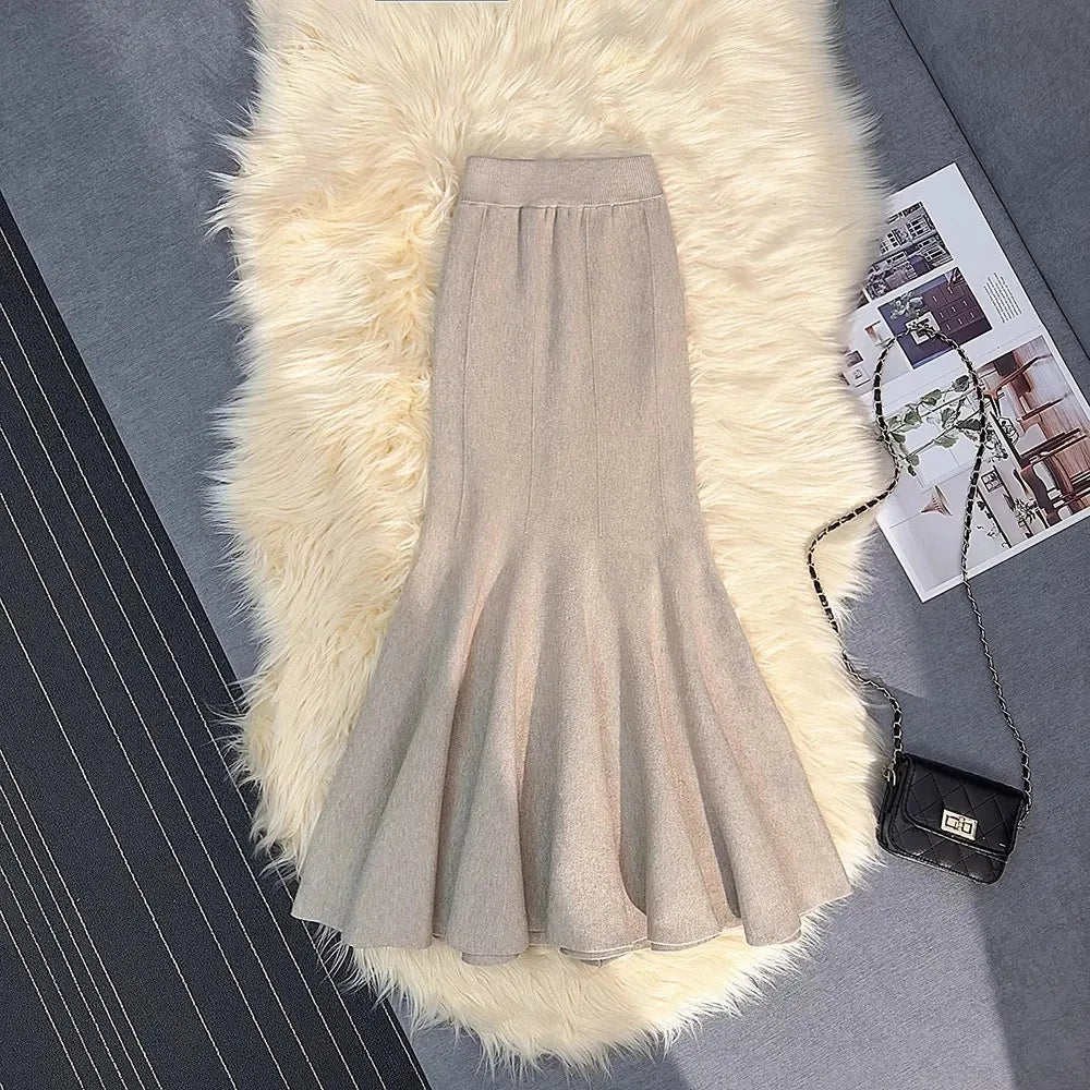 Knitting Skirts For Women Fashion High Waist Slim Trumpet Mermaid Skirts Office Ladies Casual Elegant Ankle Length Long Skirt