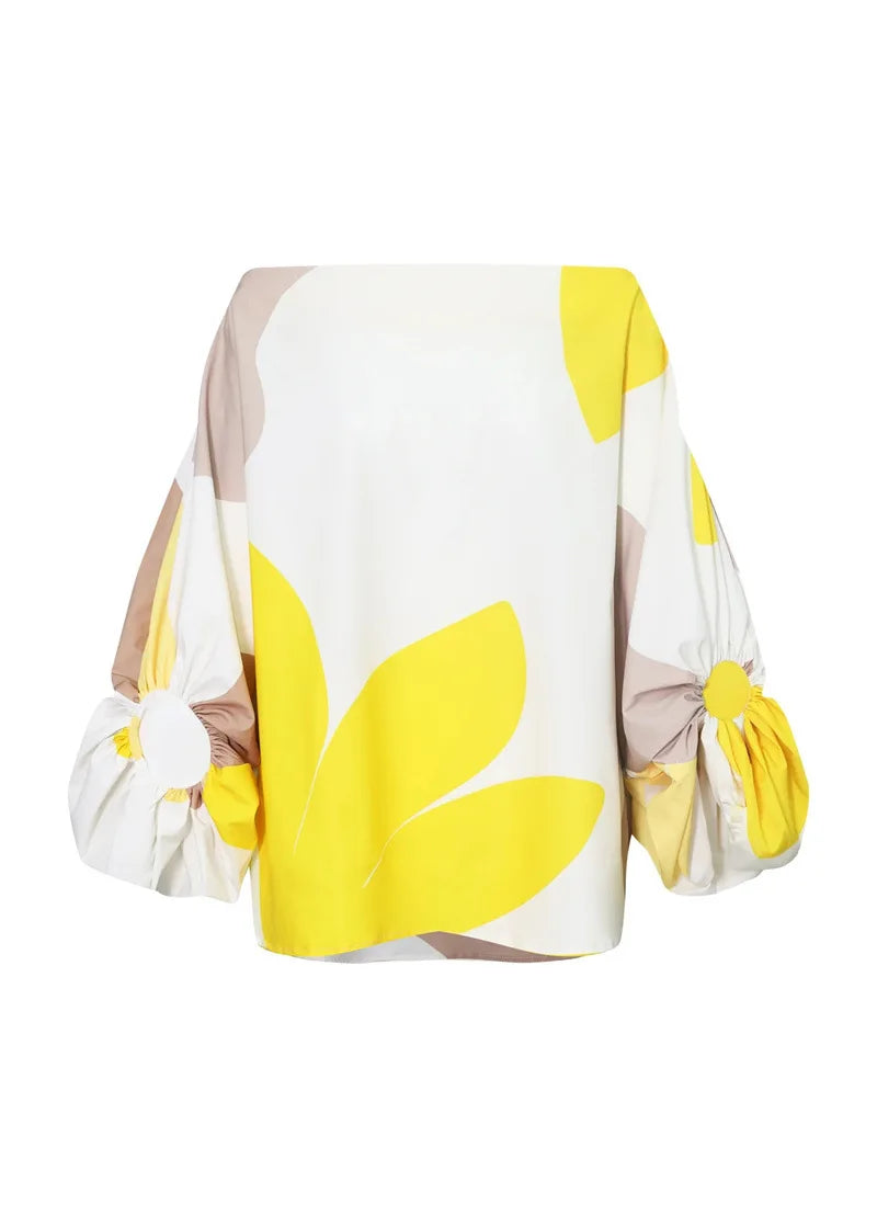 Two Piece Set Women Dress Outfit Spring Fashion Print Lantern Sleeve Diagonal Collar Top Tassel Hem High Waist Skirt Set 2 Piece