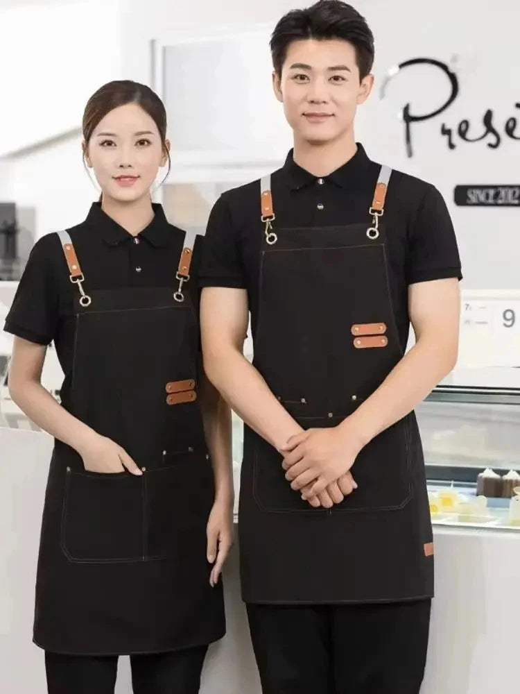 Waterproof Kitchen Apron For Women/Men With Pockets Work Mandil Cleaning Pinafore Restaurant Shop Waiter Work Uniform