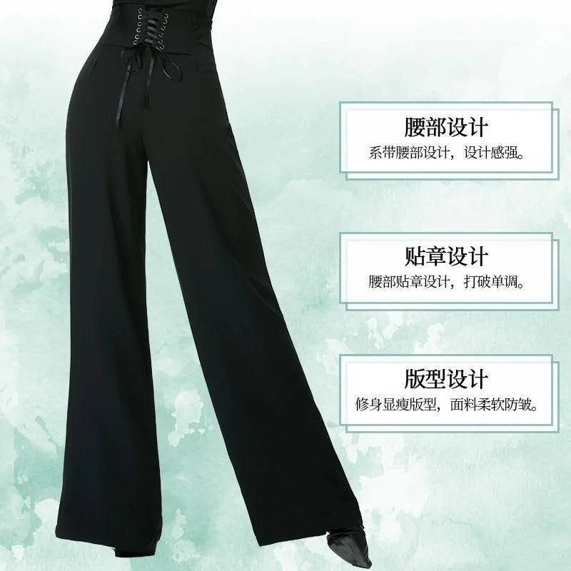 Women Trousers Latin Dance Pants Modern Dance Ballroom Dancing Wide-Leg Pants Ladies High Waist Casual Loose Chiffon Trousers