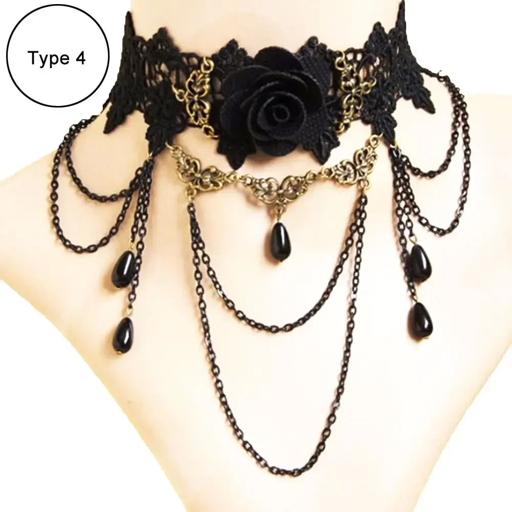 Sexy Black Lace Necklace Vintage Gothic Necklace Steampunk Style Beads Pendant Exquisite Women Choker Fashion Jewelry