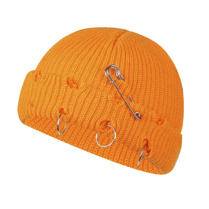 Hat for Women Autumn and Winter Ring Pin Street Hip-Hop Woolen Hats with Holes Edging Knit Cap Men's Trendy Cold-proof Beanies
