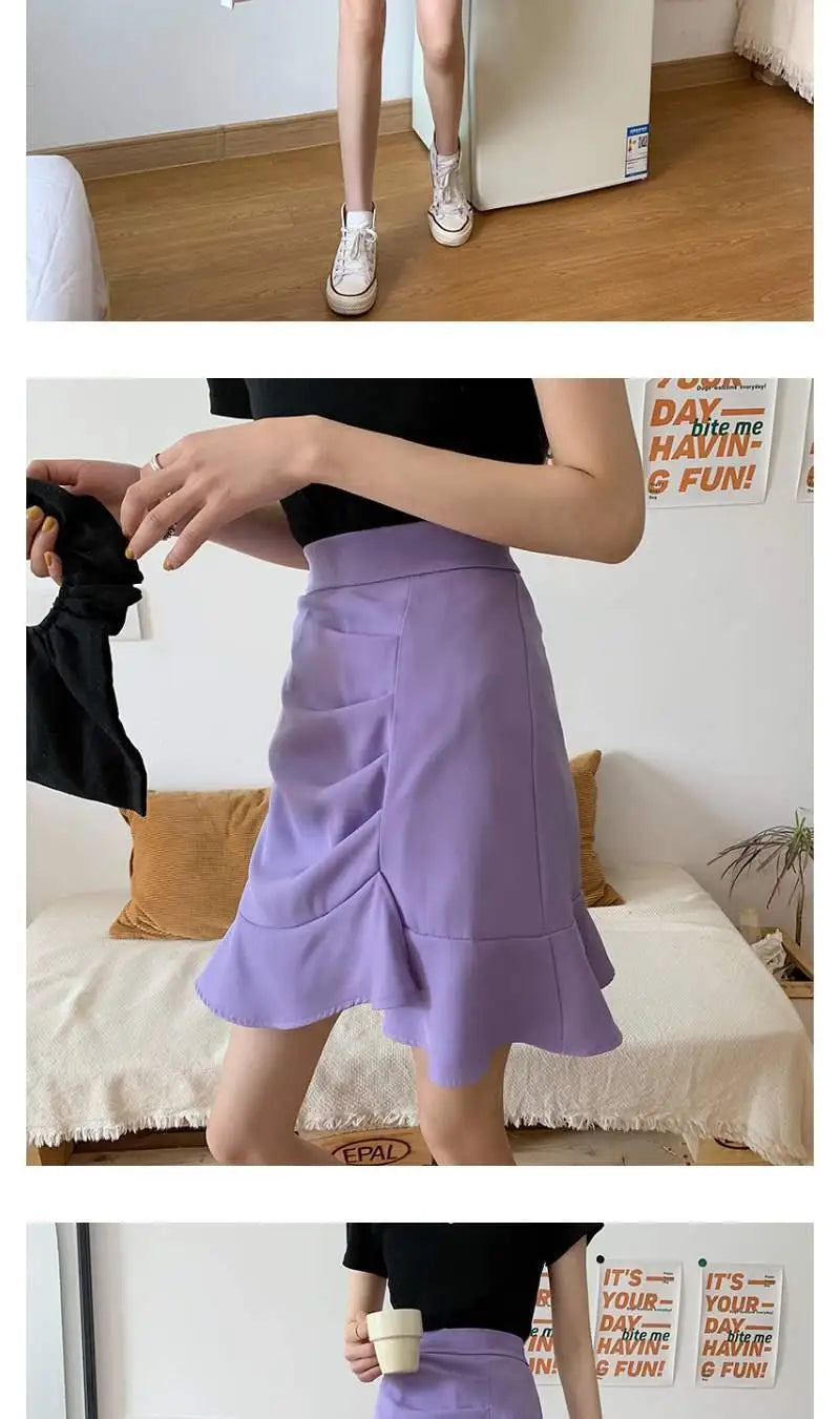 Irregular High Waist Skirts for Female Summer New Korean Fashion All-match Bag Hip A-Line Solid Color Ruffles Spliced Mini Skirt