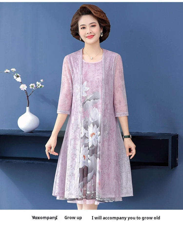 Elegant Dresses Women NEW Summer Casual Retro Temperament printing two Piece Set Dress Mother Dress plus Size